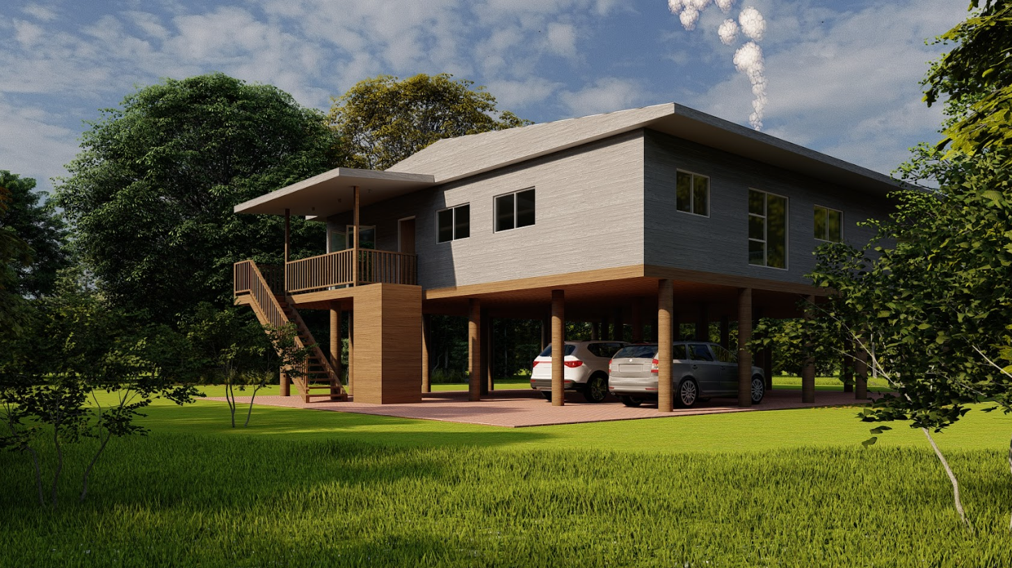 Nature Living - Side and bottom exterior view showing the studio's foundation